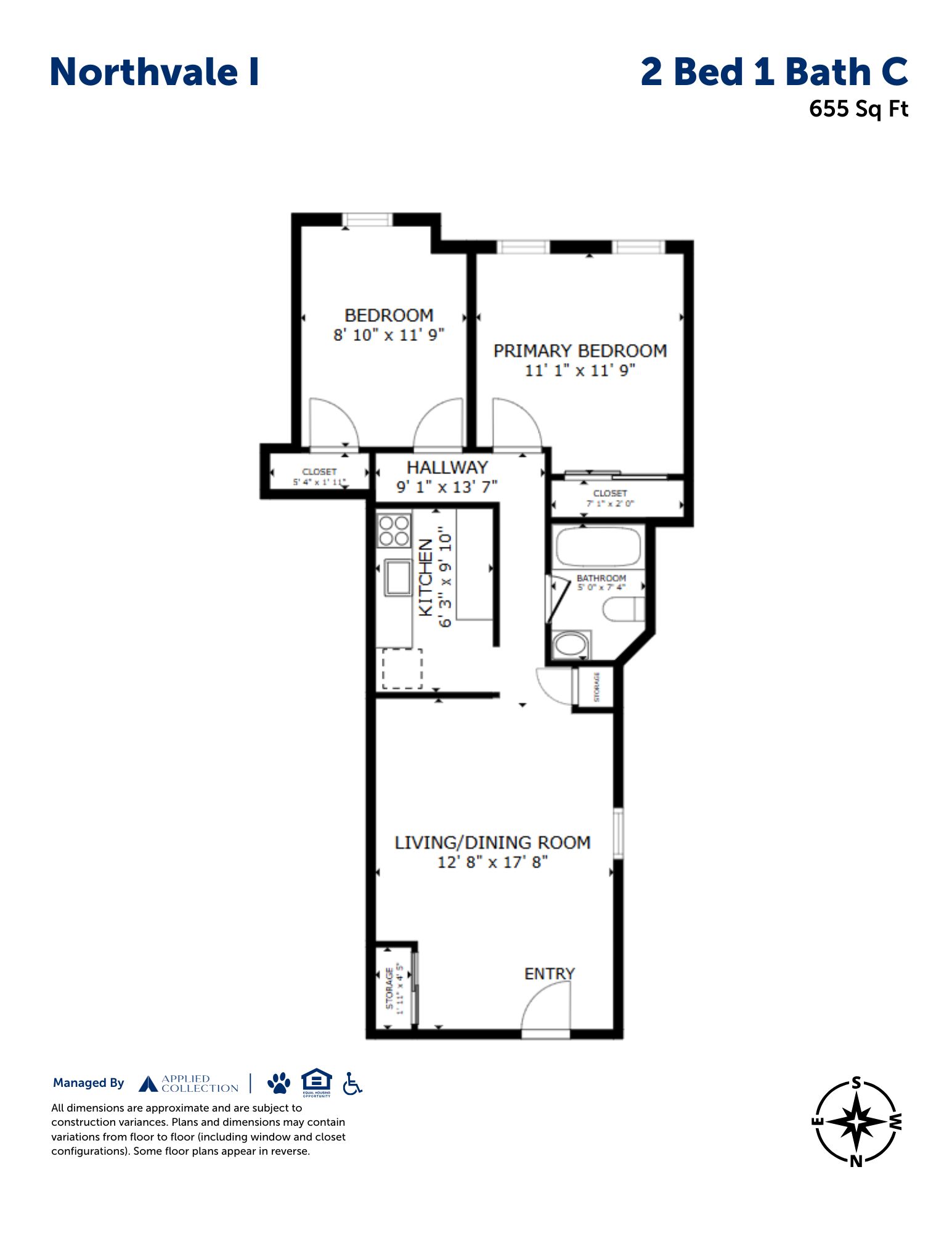 Floor plan for 2 beds, 1 bath, 655 sqft